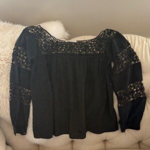 Beautiful Ulla Johnson Black Lace-Inset Long Sleeve Top
